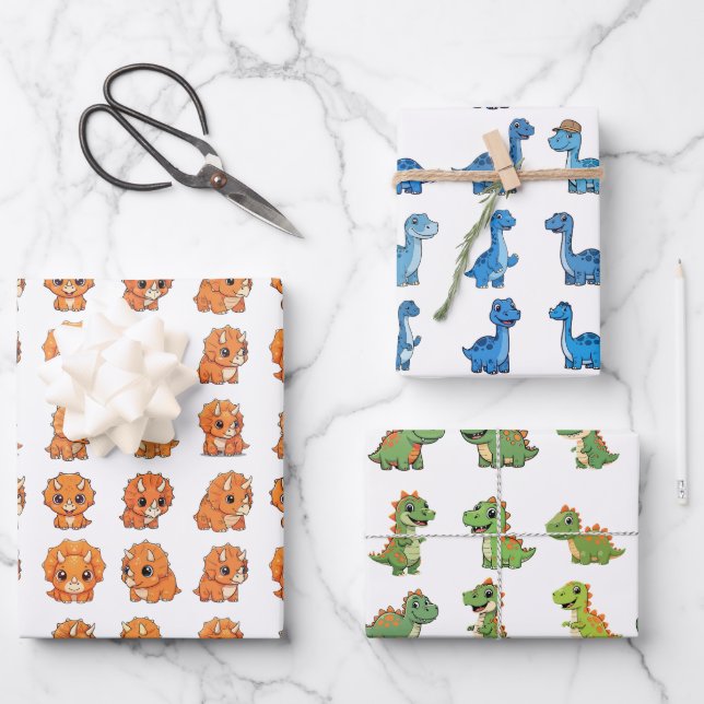 3 Cute Dinosaur Pattern Birthday Wrapping Paper Se Geschenkpapier Set (Vorderseite)