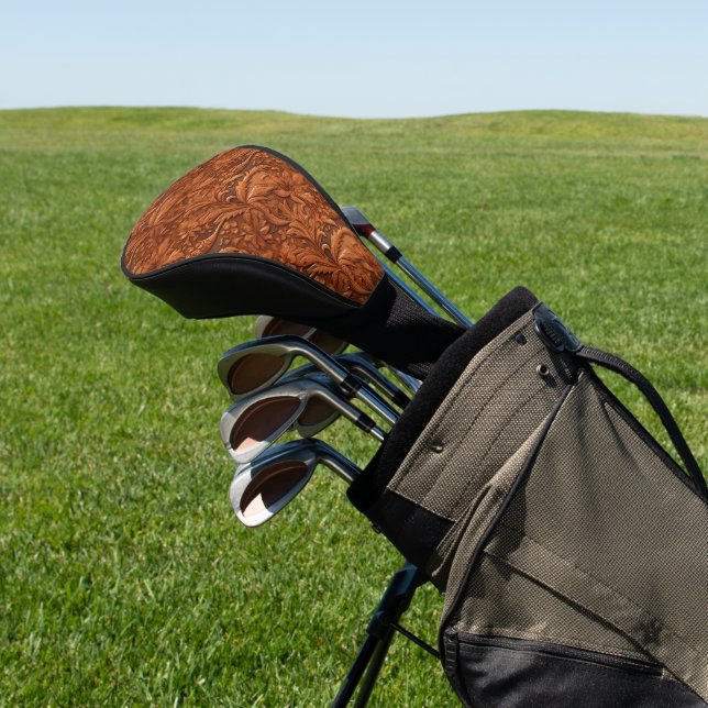 3-D brown tooled leather floral pattern Golf Headcover (In SItu)