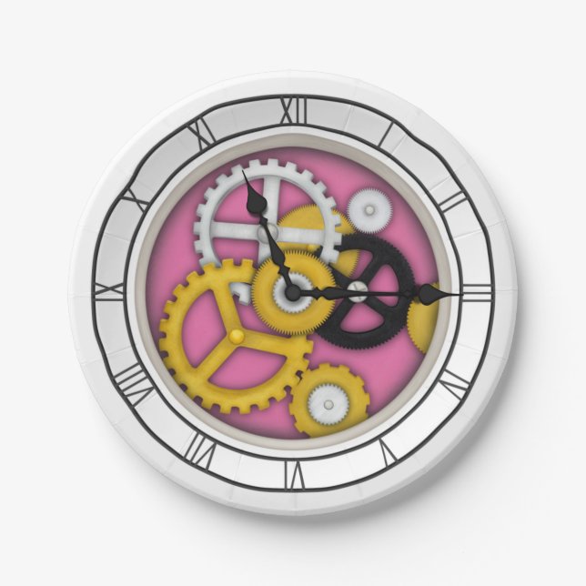 3-D Illusion Clock Art mit sichtbarer Arbeit Rosa Pappteller (Vorderseite)