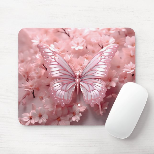 3-D rosa Schmetterling auf Blume Mousepad (Mit Mouse)