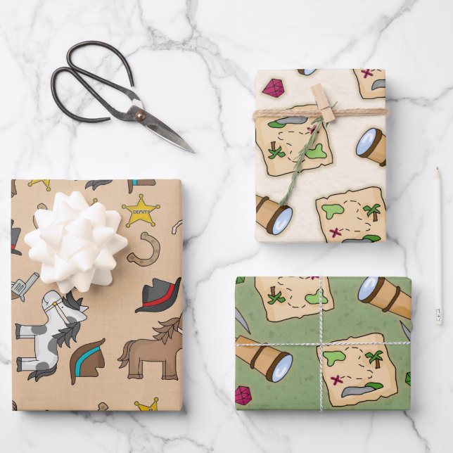 3 Designs - 1 Cowboys und 2 Pirates Geschenkpapier Set (Vorderseite)