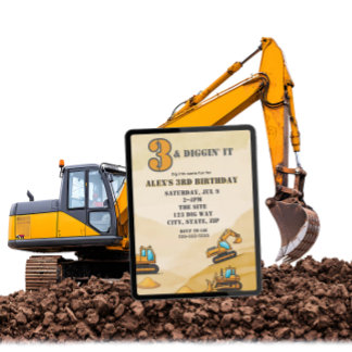 3 & Diggin It, Construction Vehicle 3rd Birthday Einladung