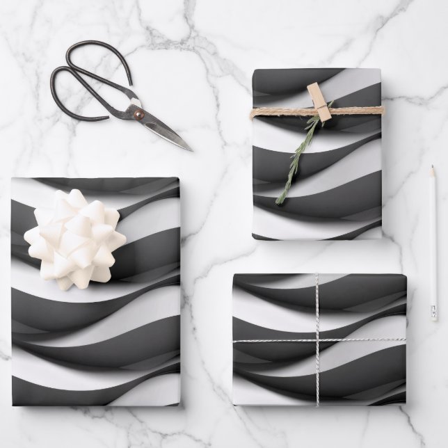 3 Dimensionen Wavy Black and White Muster Geschenkpapier Set (Vorderseite)
