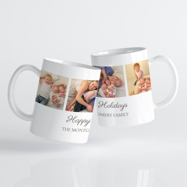 3 Familienfoto Collage Happy Holidays Weihnachten Kaffeetasse (3-photo "Happy Holidays" Christmas photo mug with custom text.)