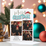 3 Family Photo Collage Retro Font Merry Christmas Feiertagskarte<br><div class="desc">This festive Merry Christmas design was created using a fun modern script font and my hand lettered block font in a retro 80's style in soft blue and red topped off with my hand painted Santa hat with holly and berries to make your family photo shine as the star. Add...</div>