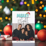 3 Family Photo Retro Merry and Bright Christmas Feiertagskarte<br><div class="desc">This festive Merry & Bright design was created using a fun modern script font and my hand lettered block font in a retro 80's style in light blue and red topped off with my hand painted Santa hat with holly and berries to make your family photo shine as the star....</div>