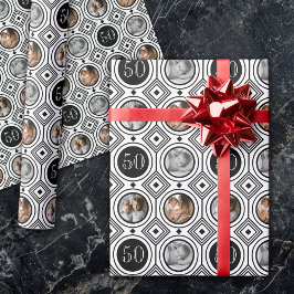 3 Foto 50. Geburtstag Schwarz-weiß Art Deco Geschenkpapier
