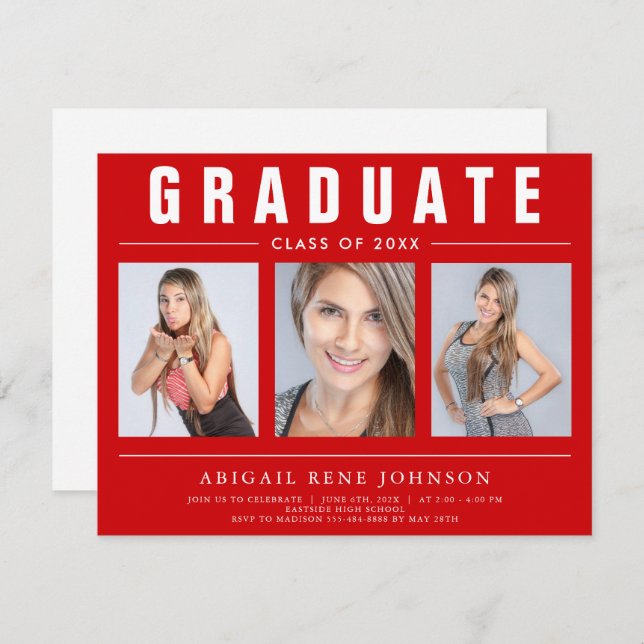 3 Foto Abschluss Collage Graduate Red and White Ankündigung (Vorne/Hinten)