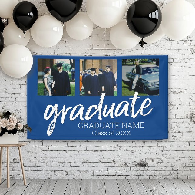 3 Foto Abschluss - Modernes Graduate Script Blue Banner (Custom Graduation Banner for a Grad Party or Open House)