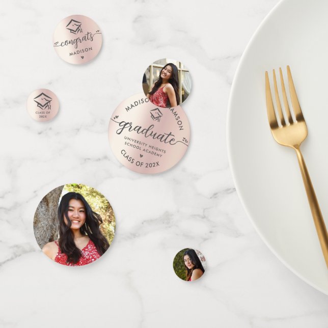 3 Foto Abschluss Rose Gold Moderne Script Cap Konfetti (Gruppe)