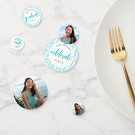 3 Foto Abschluss Turquoise Blue Glitzer Script Konfetti