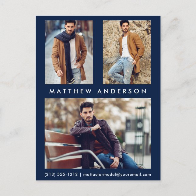 3 Foto Actor Model Comp Card Postcard Blau Postkarte (Vorderseite)