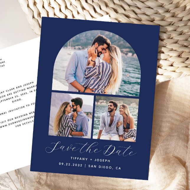 3 Foto Arch Navy Blue Save the Date Postkarte (Von Creator hochgeladen)