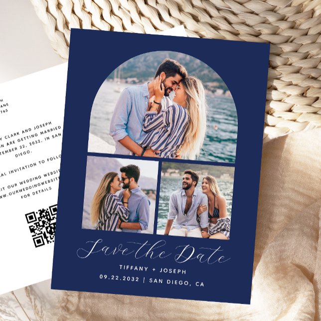 3 Foto Arch QR Code Navy Blue Save the Date Postkarte (Von Creator hochgeladen)