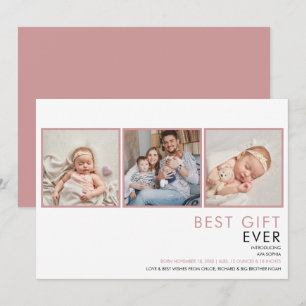 3 Foto Baby Mädchen Dusty Rose Pink Geburts Ankündigung