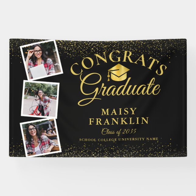 3 Foto Black and Gold Glitzer Graduation Party Banner (Horizontal)