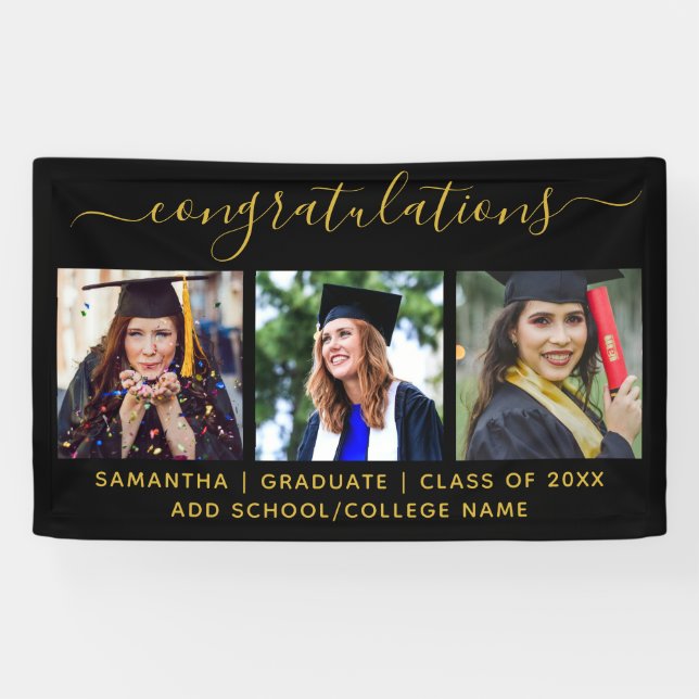 3 Foto Black Gold Glückwunsch Graduate 2022 Banner (Horizontal)