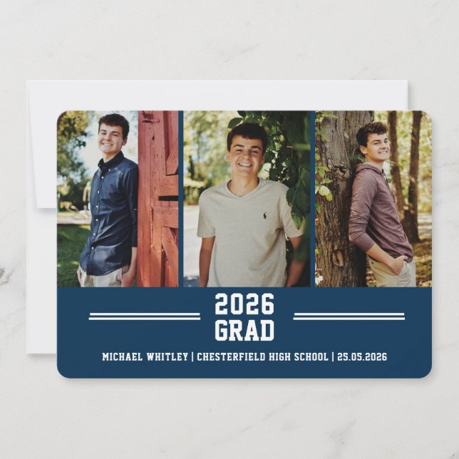 3 Foto Blue Boy Grad Custom Text Abschluss Ankündigung (Vorderseite)