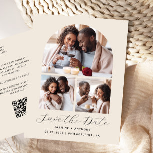 3-Foto-Bogen-Collage QR-Code Beige Save-the-Date Postkarte