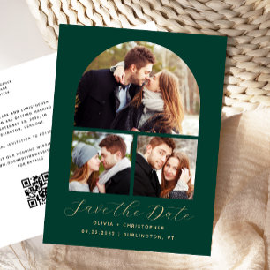 3-Foto-Bogen Smaragdgrün QR-Code Save-the-Date-Kar Postkarte