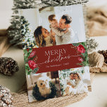 3 Foto Burgundy Red Elegant Frohe Weihnachten<br><div class="desc">Diese Kollektion besticht durch Aquarellblumen,  Beeren und Wintergrün mit moderner und eleganter Typografie,  mit einem botanischen Wintermuster zurück.</div>