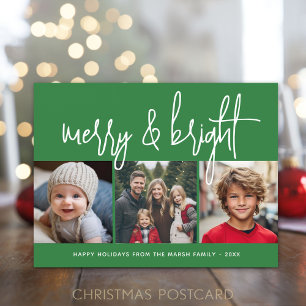 3 Foto Christmas Collage - Merry & Bright green - Feiertagspostkarte