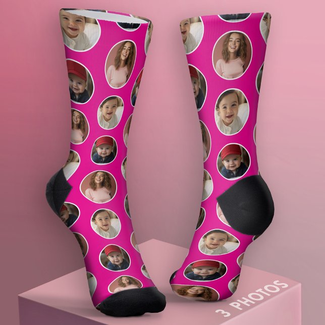 3 Foto Circle Border Collage - Pink White Socken (Custom Socks with Photo Collage)