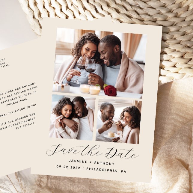 3-Foto Collage Beige Save the Date Postkarte (Von Creator hochgeladen)