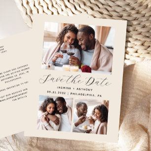 3-Foto Collage Beige Save the Date Postkarte