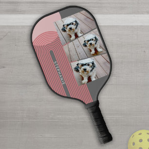 3 Foto Collage - boho coral line art arch - name Pickleball Schläger