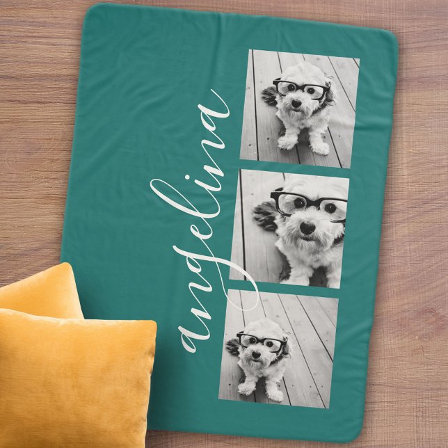 3 Foto Collage CAN EDIT Hintergrund blau Sherpadecke (Personalized sherpa blanket with photos and text)