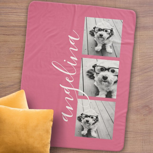 3 Foto Collage CAN EDIT Hintergrund rosa Sherpadecke (Personalized sherpa blanket with photos and text)