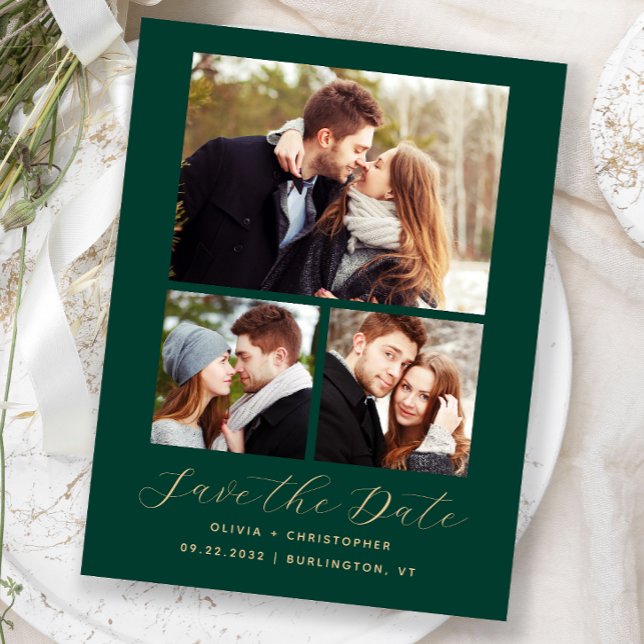 3-Foto Collage Emerald Green Gold Save the Date Postkarte (Von Creator hochgeladen)