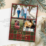 3 Foto Collage Frohe Weihnachtsschrift kariert Feiertagskarte<br><div class="desc">Elegante stilvolle Frohe Weihnachten Imitate Gold klassische Kalligraphie Drehbuch drei quadratische Familie Fotos rustikale rot grüne karierte tartan Urlaubskarte mit Ihrem individuellen personalisierten Text auf beiden Seiten.</div>