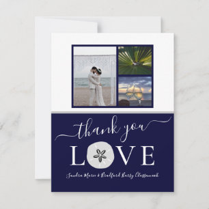3 Foto Collage Gray Sand Dollar Navy Blue Wedding Dankeskarte
