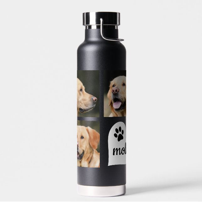 3 Foto Collage Hund Name Schwarz-Weiß-Herz Trinkflasche (Links)