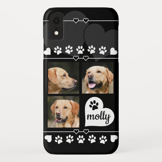 3 Foto Collage Hundename Schwarzes und Weißes Herz Case-Mate iPhone Hülle (Rückseite)