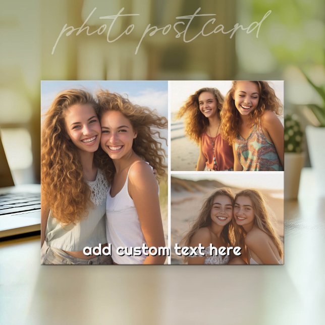 3-Foto-Collage mit 1 Textzeile Postkarte (Photo Postcard - Customize with your favorite pics)