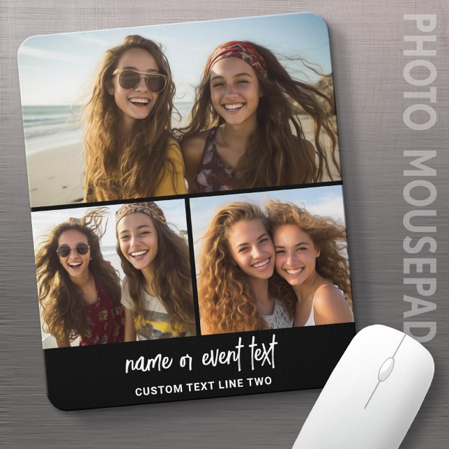 3-Foto-Collage mit Skripttext - schwarz weiß Mousepad (Photo Mousepad - Add Your Photos and Make a Unique Gift for Family and Friends!)