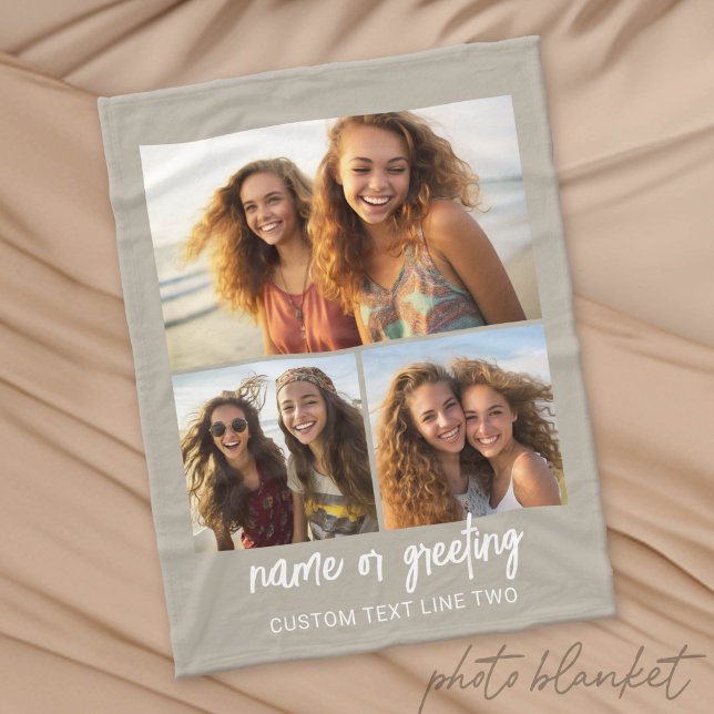 3-Foto-Collage mit Skripttext - taupe weiß Fleecedecke (Custom Photo Blanket)