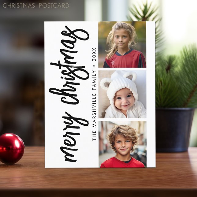 3 Foto Collage - Moderne frohe Weihnachten Postkarte (Online Christmas Card Template. Modern design with place to add photos and text.)