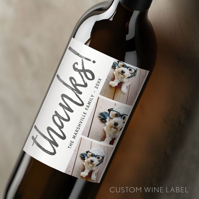 3 Foto Collage - Moderner Dank mit Namen Weinetikett (Custom Wine Bottle Label - Personalize a Sticker for a fun gift or memento)