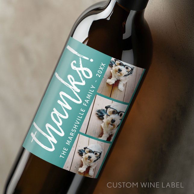 3 Foto Collage - Modernes Dankeschön mit Name blau Weinetikett (Custom Wine Bottle Label - Personalize a Sticker for a fun gift or memento)