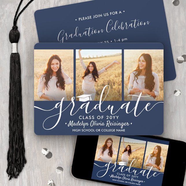 3 Foto Collage Navy Blue & White Graduation Party Einladung (Von Creator hochgeladen)