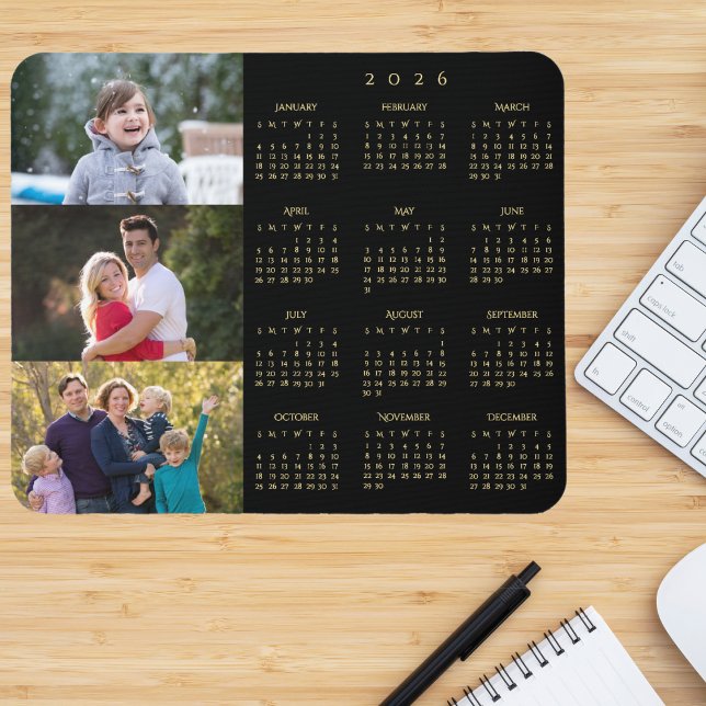 3 Foto-Collage Personalisierter Familienkalender 2 Mousepad (3 Photo Collage Personalized Family 2026 Calendar Mouse Pad)