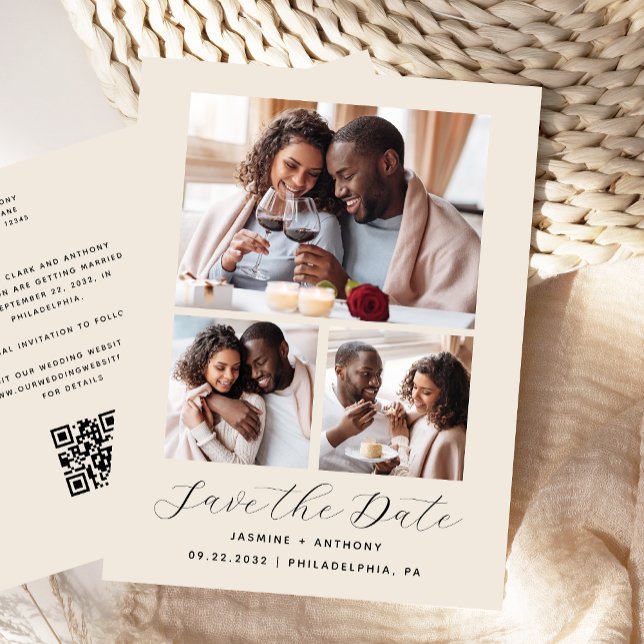 3-Foto Collage QR Code Beige Save the Date Postkarte (Von Creator hochgeladen)