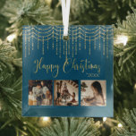 3 Foto Collage Rustic Blue Garland Leuchten Ornament Aus Glas<br><div class="desc">"Frohe Weihnachten" in schönen Imitaten goldene Schrift auf einem blauen Hintergrund. Ersetzen Sie Fotos durch 3 Ihrer persönlichen Lieblings-Fotos. Das goldene Imitat mit Streichellichter verleiht diesem Ornament eine ganz besondere Note. Ändern Sie das Jahr und was für ein schönes Ornament. elegant. So einfach,  doch schick.</div>
