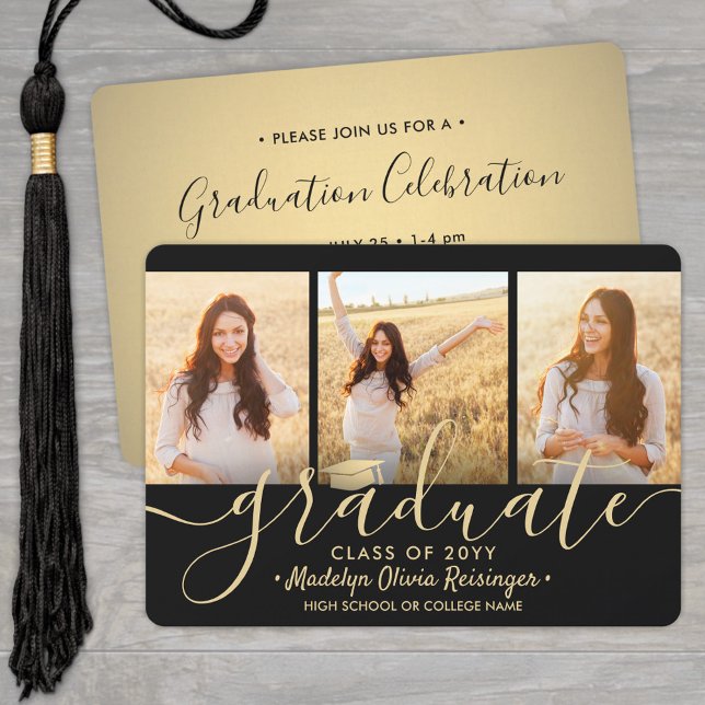3 Foto Collage Script Black Gold Graduation Party Einladung (Von Creator hochgeladen)