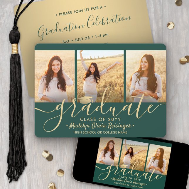 3 Foto Collage Script Green Gold Graduation Party Einladung (Von Creator hochgeladen)