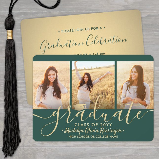 3 Foto Collage Script Green Gold Graduation Party Einladung (Von Creator hochgeladen)